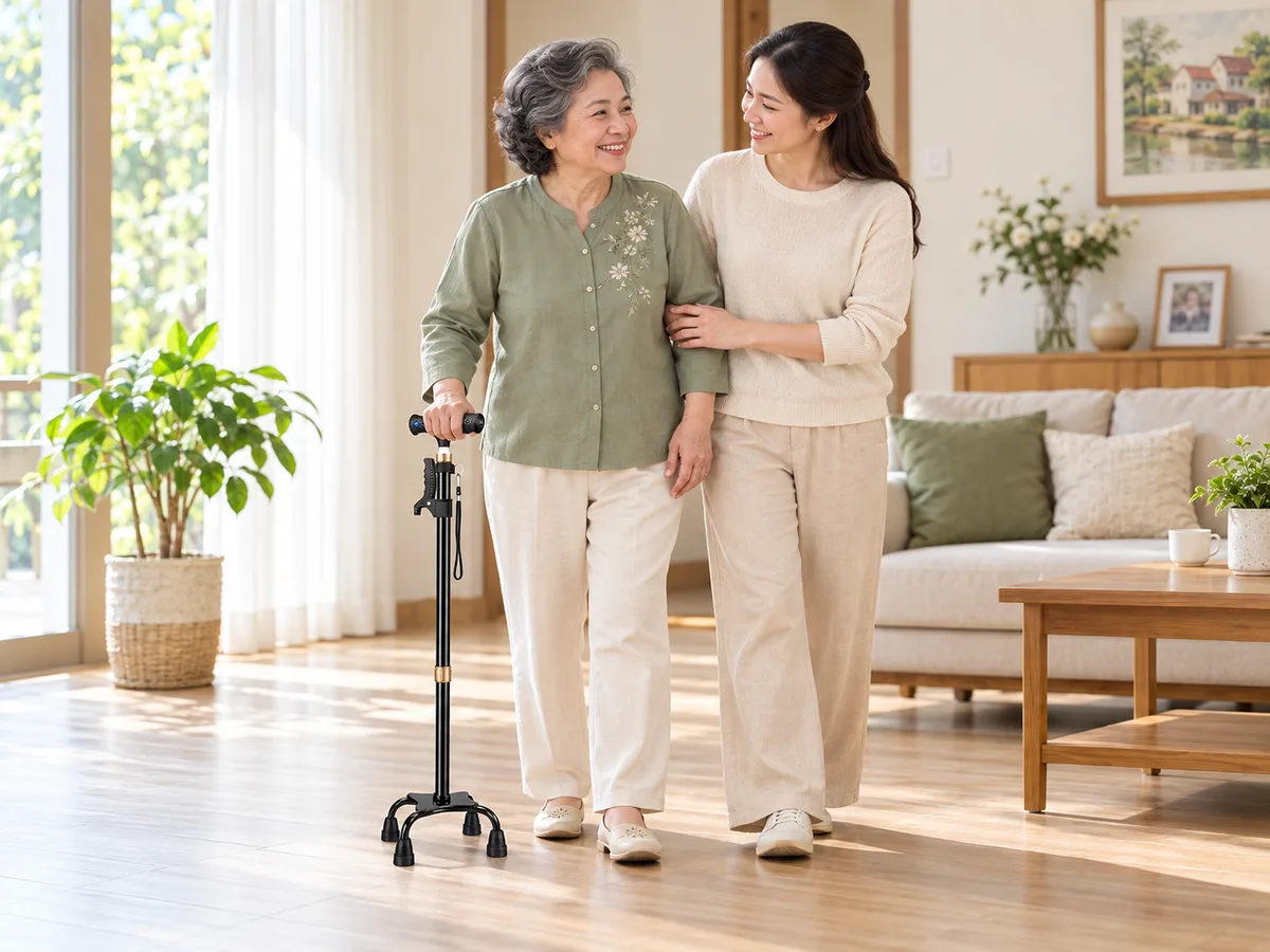 Minh họa người con đồng hành cùng mẹ lớn tuổi với gậy bốn chân trong gia đình